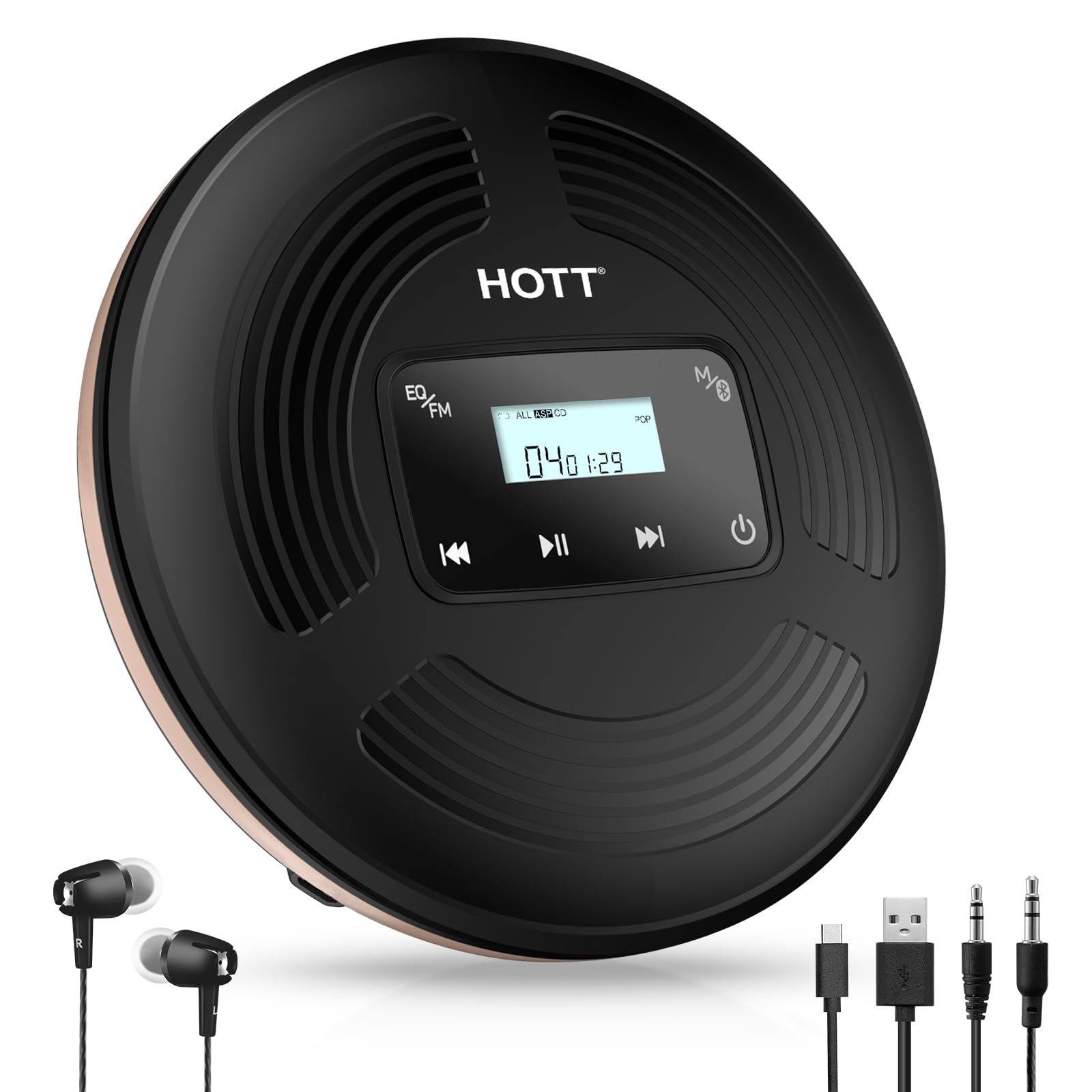 HOTT CD903TF Portable CD Player with Bluetooth and FM Transmitter with Touch Buttons Backlight,Rechargeable with AUX Cable,CD Player Shockproof for