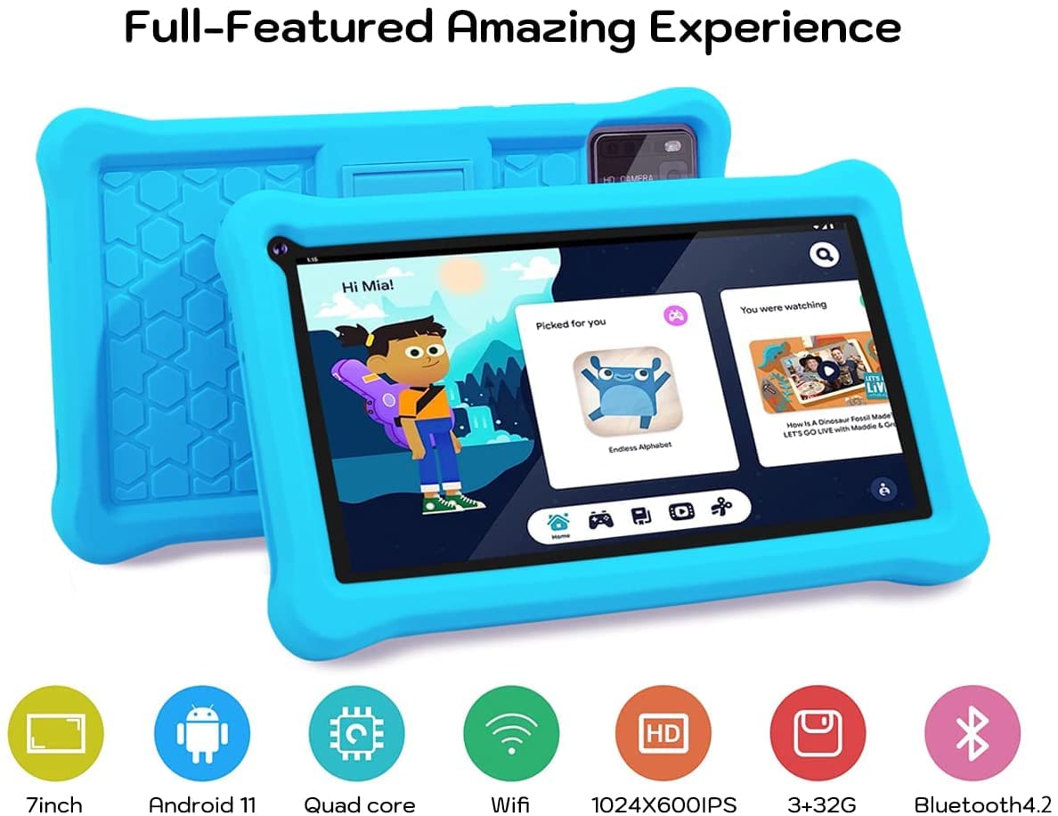 Thunrlge 7-calowy tablet dla dzieci z systemem Android 11, 3 GB RAM 32 GB Rom 128 GB rozszerzenia, fabrycznie zainstalowane oprogramowanie dla dzieci, certyfikat Google, WiFi, Bluetooth.