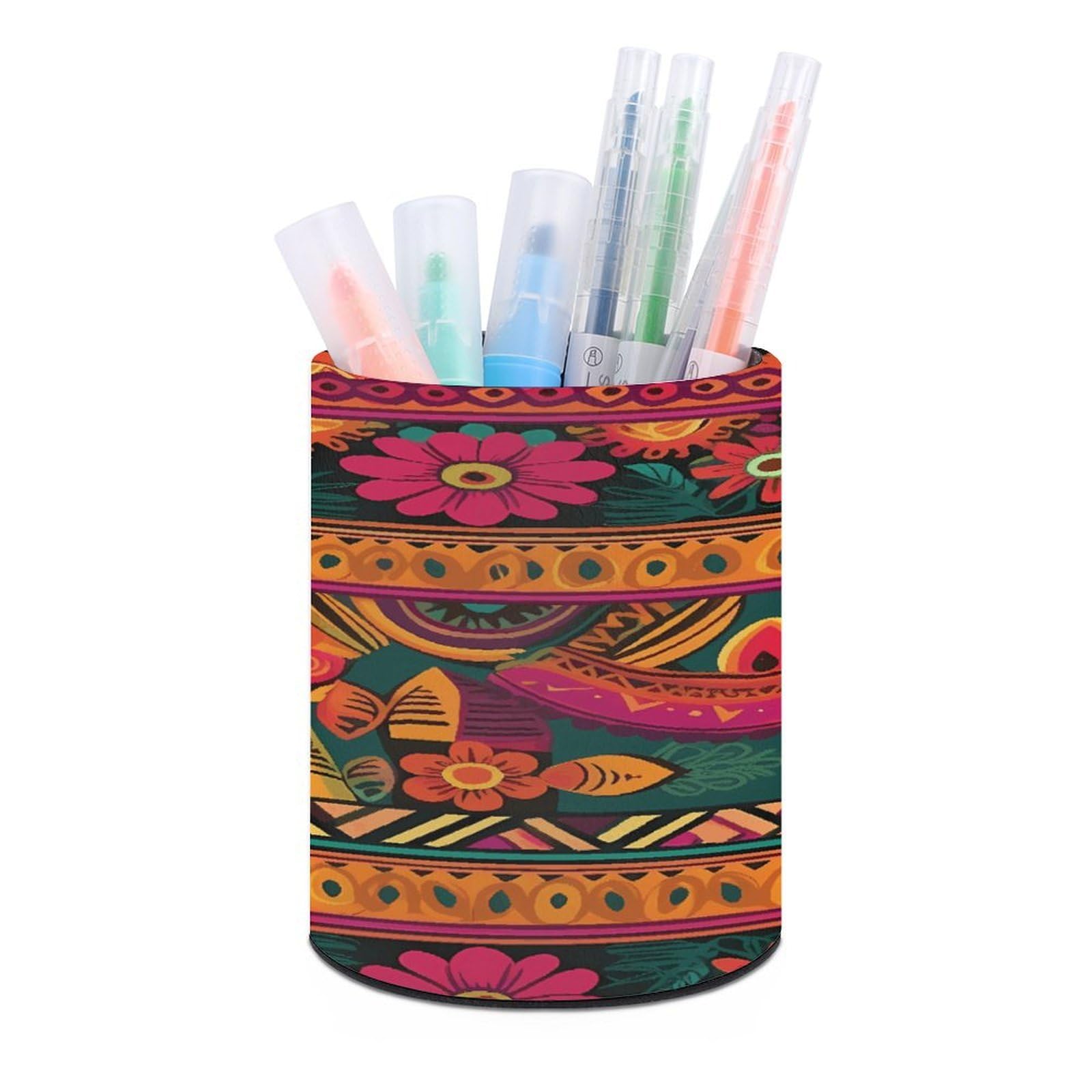 FekiLoot Round Leather Pen Holder - Multipurpose Desk Organizer, Modern Pencil Cup, Mexican Folk Art Boho Pencil Holder, Unique Makeup Brush Holders for Office Home Supplies & Gifts