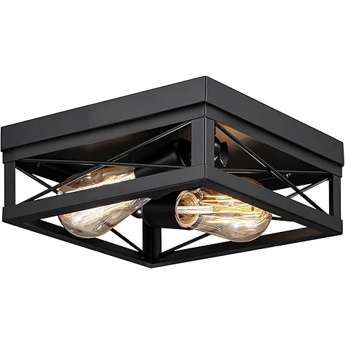 Industrial Semi Flush Ceiling Light, Farmhouse Vintage 2-Light Mount Ceiling Lighting Metal Square Ceiling Light Fixture for Hallway, Kitchen, Bedroom (1 Pack)