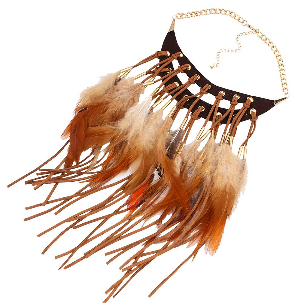 Image secondaire de Amorar Collier Indien, Femme Bijoux Feather Pendant Choker Collier Rétro Collier de Plumes Alliage Collier Boho Chaîne de Pull D