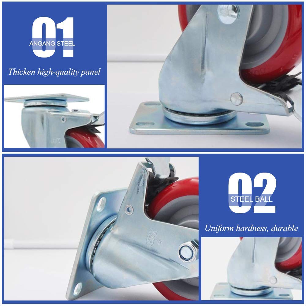 Ruedas de Transporte, Ruedas Pesadas, Ruedas universales con Frenos, Capacidad de Carga 500 kg, 4 Piezas, Ruedas de Goma de Poliuretano, 360 °; Rotación, 4 sin Frenos, 125 mm