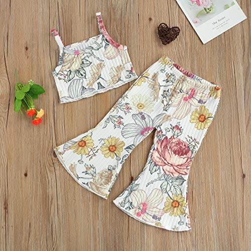 2 PCS Toddler Baby Girl Outfits Floral Crop Top and Bell Bottoms Leggings Flared Pants Set (Yellow, 4-5 T)