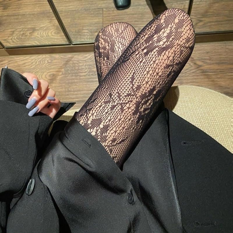 2Pcs White Black Women's Patterned Fishnet Tights High Waist Pantyhose Floral Stockings Accessories3