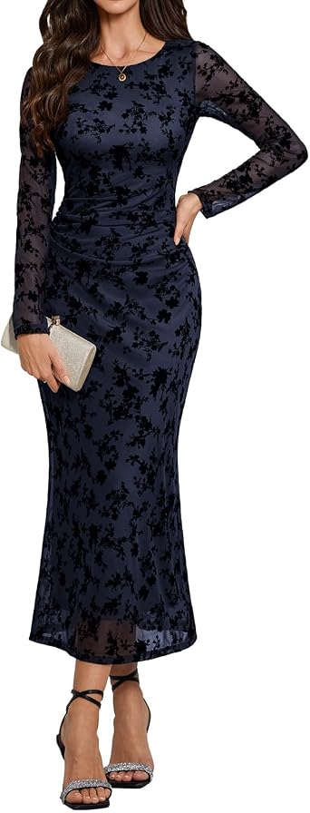 HomRain Womens Mesh Bodycon Long Sleeve Floral Dress for Wedding Cocktail | Ruched Bodycon Mesh Maxi Dress,Round Neck Cocktail Long Dress,Stretchy Tight Mesh Long A-Line Skirt
