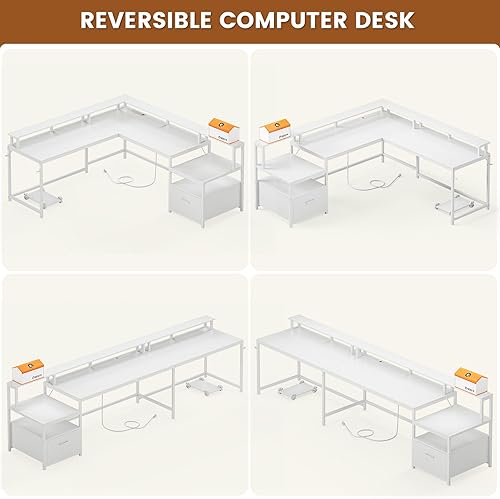 Miniatura 4 de SEDETA White L Shaped Gaming Desk, 66" Home Office Desk with Wood File Drawer, Power Outlet and Led Lights, Corner Computer Desk with Monitor Shelf,