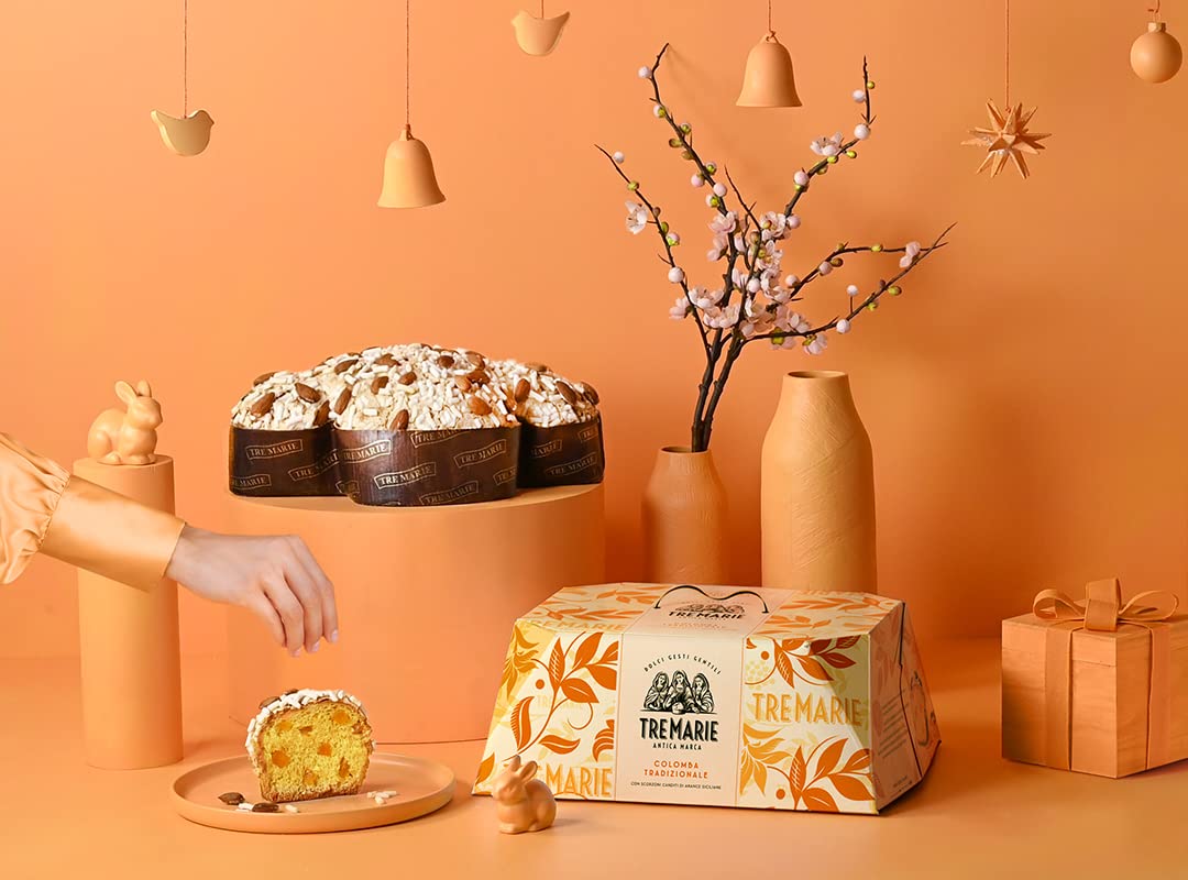 Tre Marie Colomba Tradizionale Typisches Dessert der Ostertradition Osterkuchen mit kandierten Schalen sizilianischer Orangen, knackigen ganzen Mandeln und Kristallzucker 1Kg
