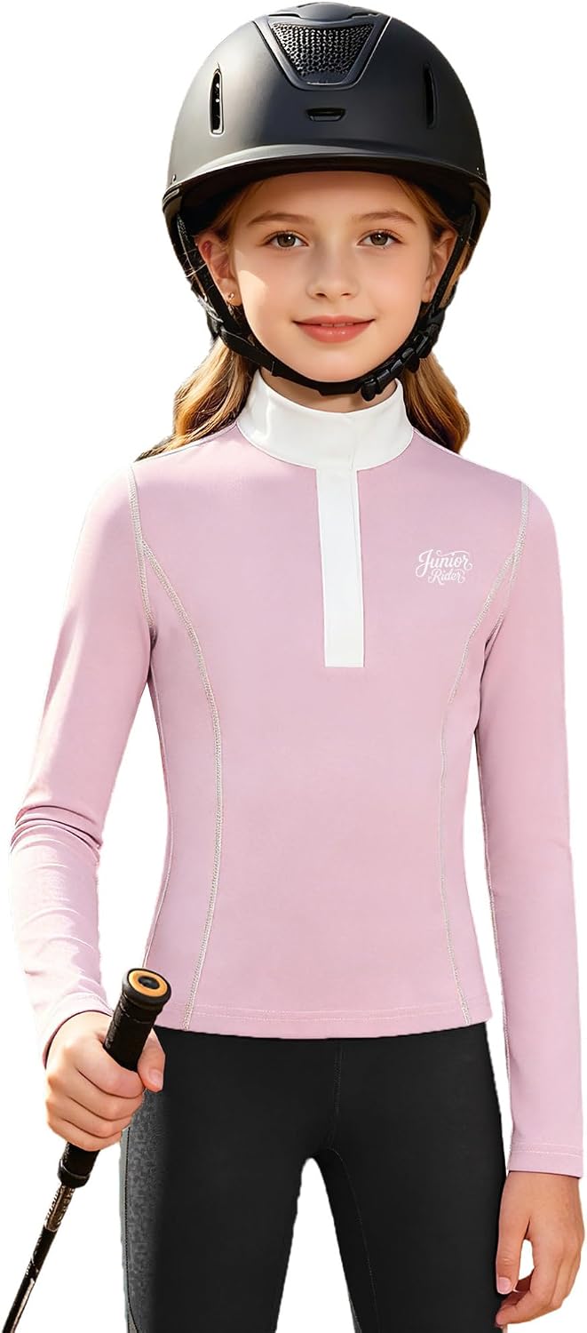 FEESHOW Kids Girls Equestrian Riding Top Quick Dry Athletic Shirts Half Zip Horseback Show Shirt Training Clothes
