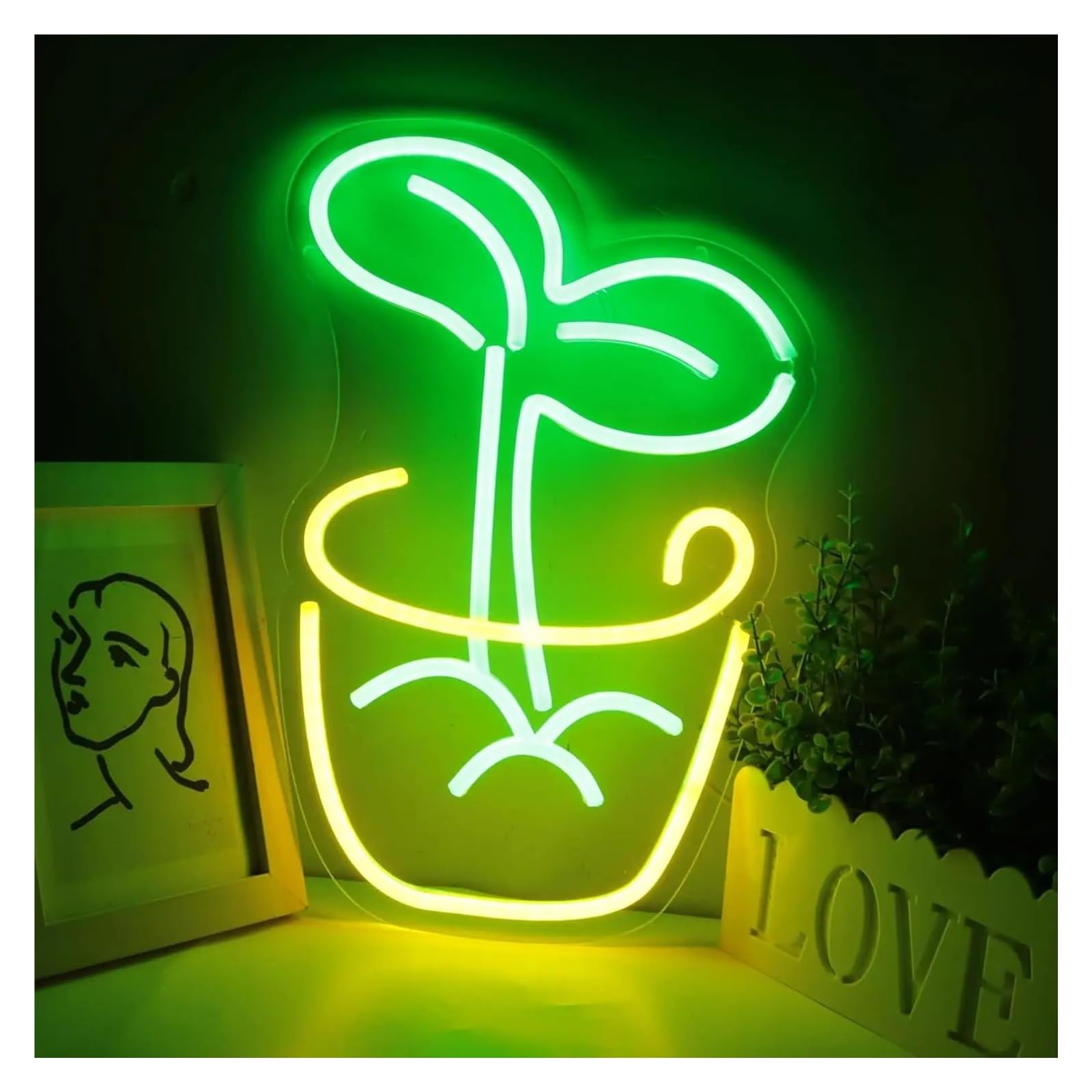 XENITE Luces Art Decoration Christmas Letrero De Neón De Planta Para Decoración De Habitación, Luz De Planta En Maceta, Lámpara De Hoja Verde Regulable Para Pared, Dormitorio 10inx14in