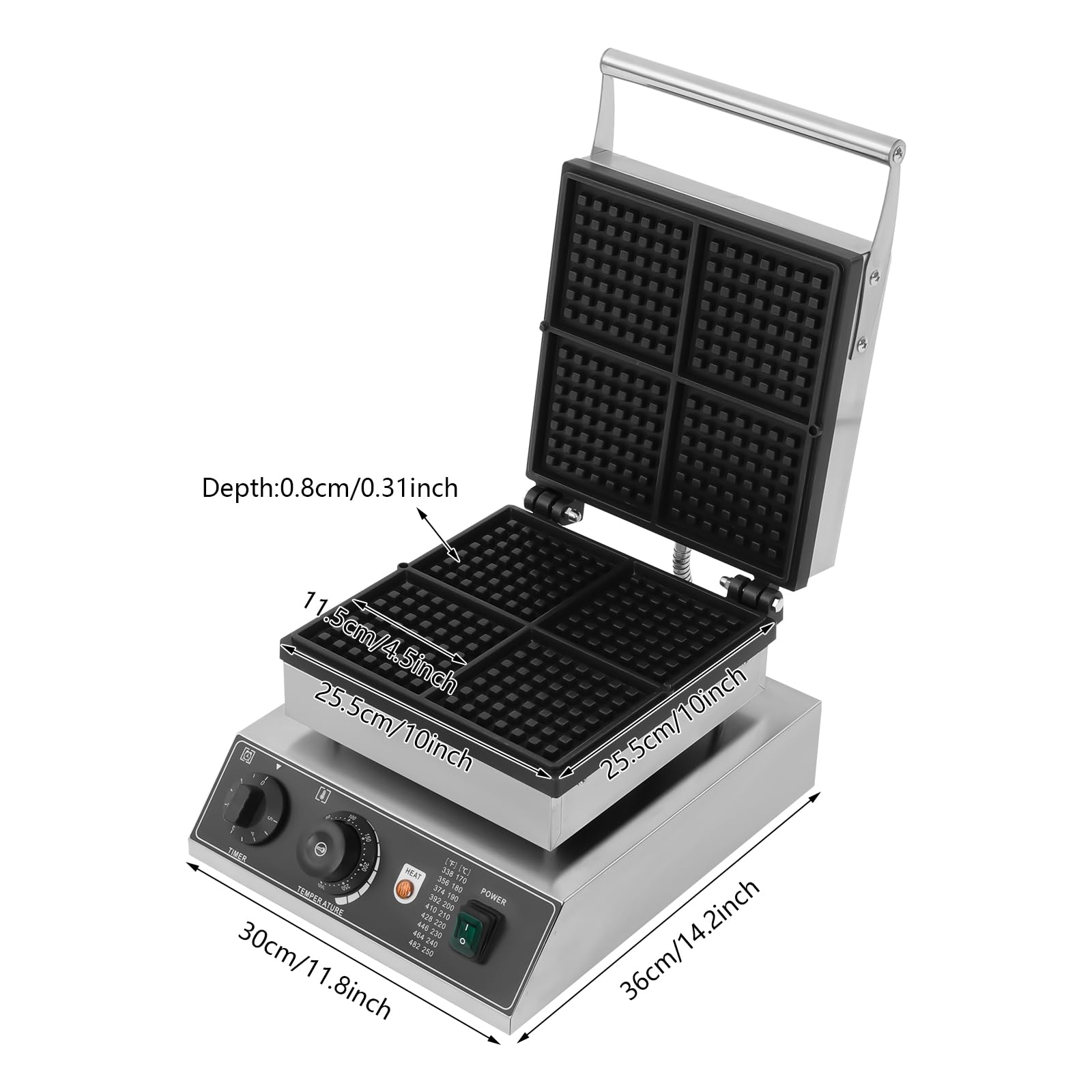 Commercial Waffle Maker, 1750W Stainless Steel Waffle Machine with Timer & Temp Control, Non-Stick Teflon Coating, w/4 Square Waffles & 180° Rotatable Molds for Bakeries & Restaurants(50-300?) ?