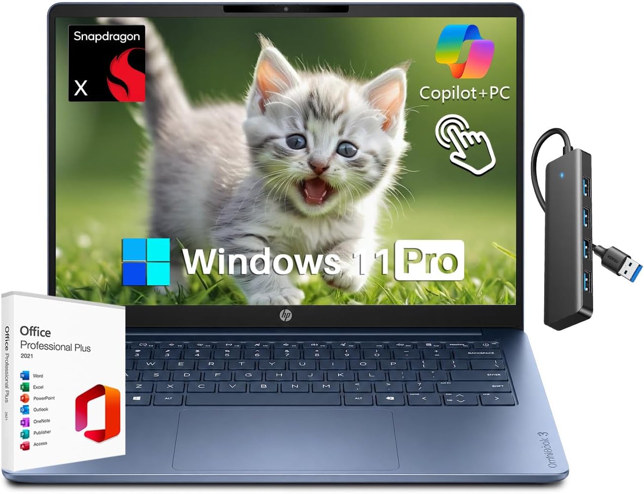 HP OmniBook 3 14 inch Next Gen AI PC, Snapdragon X X1-26-100, 2K IPS Touchscreen Laptop for Student & Business, 16 GB LPDDR5 RAM, 512 GB SSD, Qualcomm Adreno GPU, Win 11 Pro, Starlit Blue