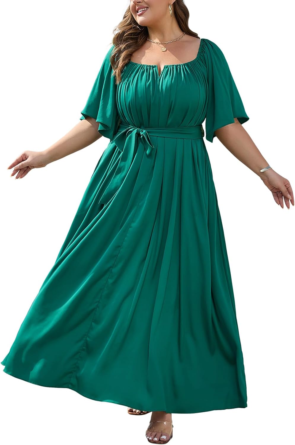 Bhome Women's Plus Size Maxi Dresses with Pockets Short Sleeve Belted Wedding Guest Cocktail Maternity Baby Shower Dress,Dark Green 1X