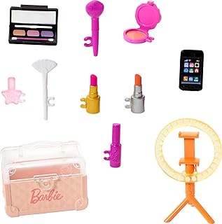 Barbie Makeup Tutorial Accessories Set with 12 Storytelling Toy Pieces Including Mini Case, Lipsticks, Ring Light & More