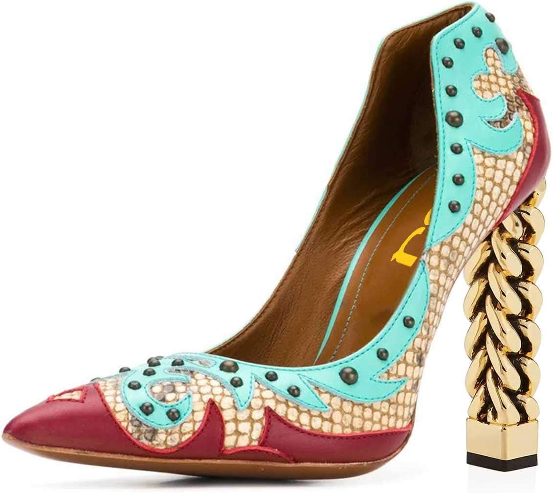 FSJ Women Gold Metal Chain Chunky High Heel Pointed Toe Slip On Fashion Party Prom Pumps Wedding Sexy Shoes Size 4-15 US