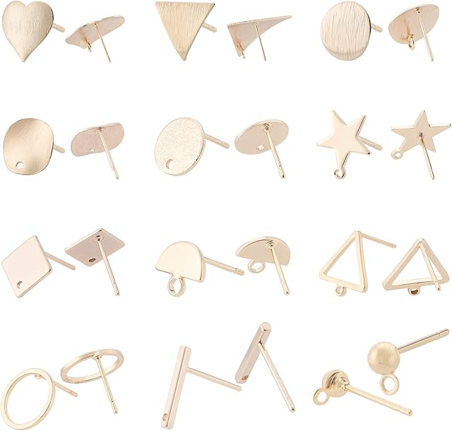 BENECREAT 24PCS 18K Gold Plated Earring Studs 12 Mixed Shape Brass Post Stud with Hoop for DIY Earring Making Supplies
