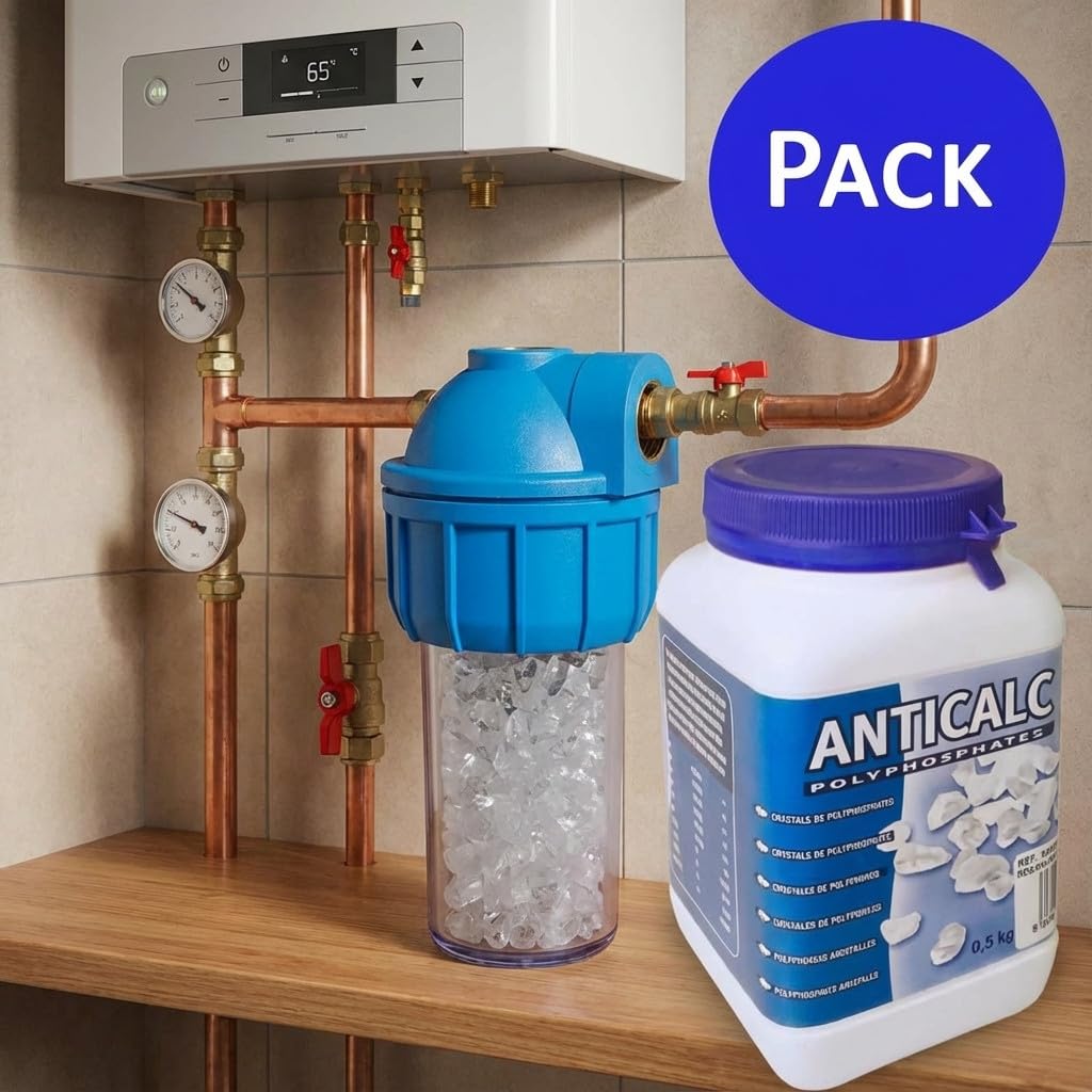 Suinga Pack FILTRO ANTICAL calentadores y calderas 1/2" con vaso contenedor y filtro de polifosfatos. Incluye recambio polyfosfatos 500 gramos. Elimina la capacidad incrustante de la cal.