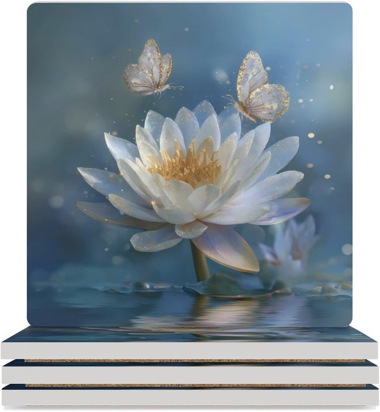 Lotusflower Butterflies Coaster for Drinks Square Ceramic Table Coasters Stone Mat Crafts 6PCS Home Kitchen Decor