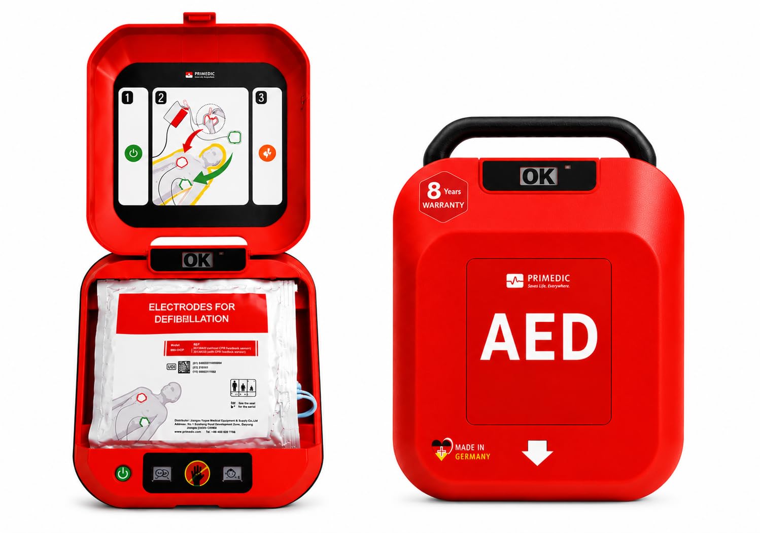 Primedic HeartSave YA Defibrillatore, adatto a dilettanti con erogazione automatico della scarica, 8 anni di Garanzia, Made in Germany, Certificazione MDR 2027, Lingua: ITA/GER