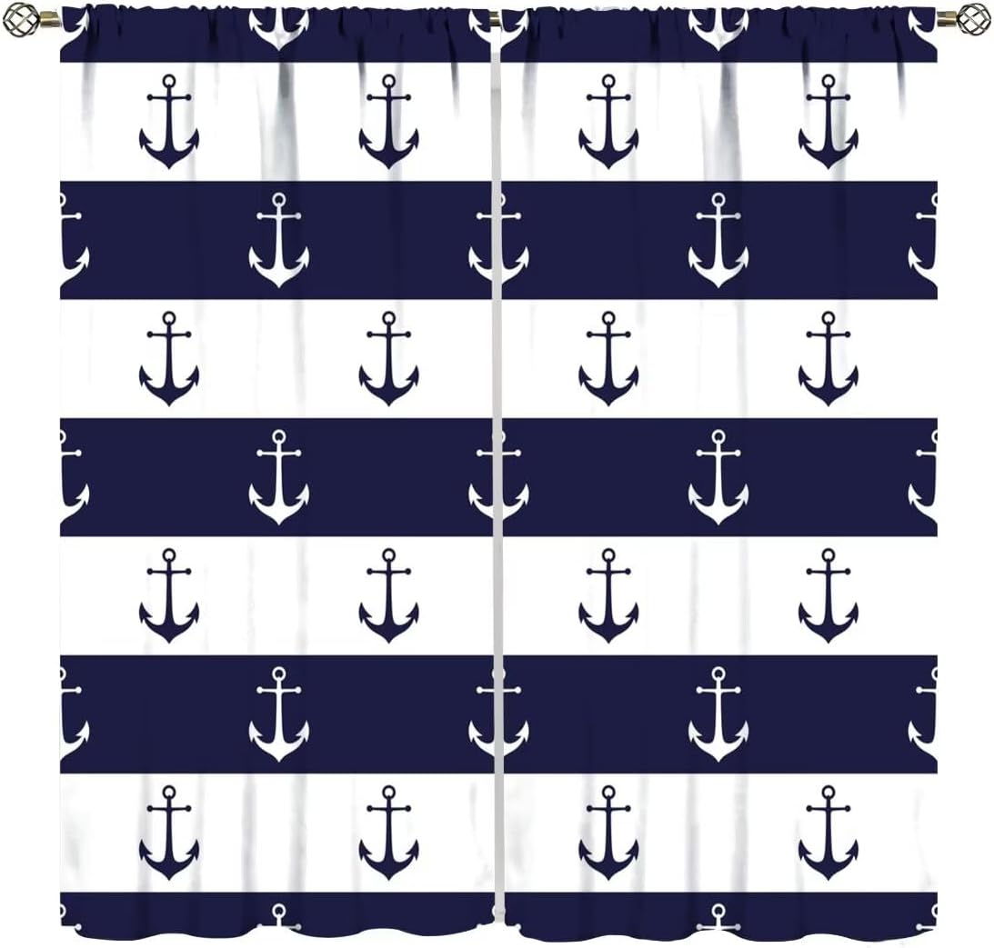 Nautical Curtains,Blue White Stripe Anchors Art Printed Window Treatments for Bedroom Living Room Home Décor Polyester Fabric Drapes 2 Panel Sets Total Size 42" x 63"