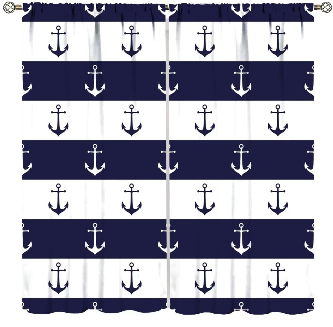 DDCBNS Nautical Curtains,Blue White Stripe Anchors Art Printed Window Treatments for Bedroom Living Room Home Décor Polyester Fabric Drapes 2 Panel