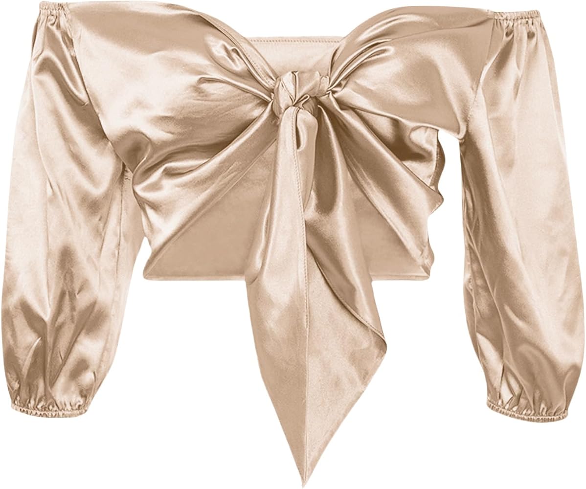 トップス sheller shoulder ribbon satin tops Women Satin Silk Off Shoulder Crop Top Cropped Half Sleeve Bow Tie
