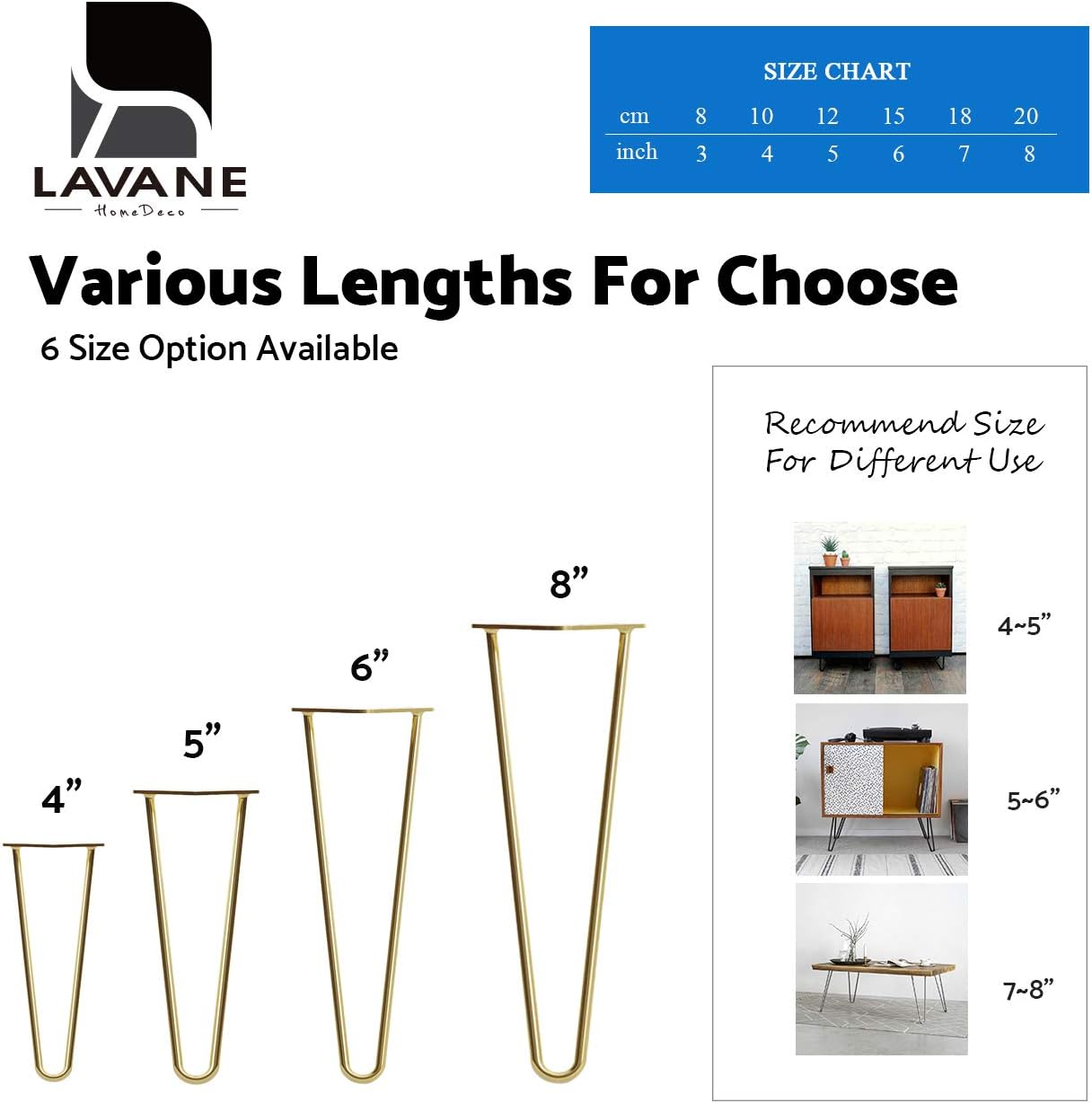 La Vane 8 inch Hairpin Table Legs (4-Pack), 20cm Mid-Century Modern Metal Furniture Legs for Coffee Table, Desk, Cabinet, TV Stand, Bench - with Screws & Floor Protectors