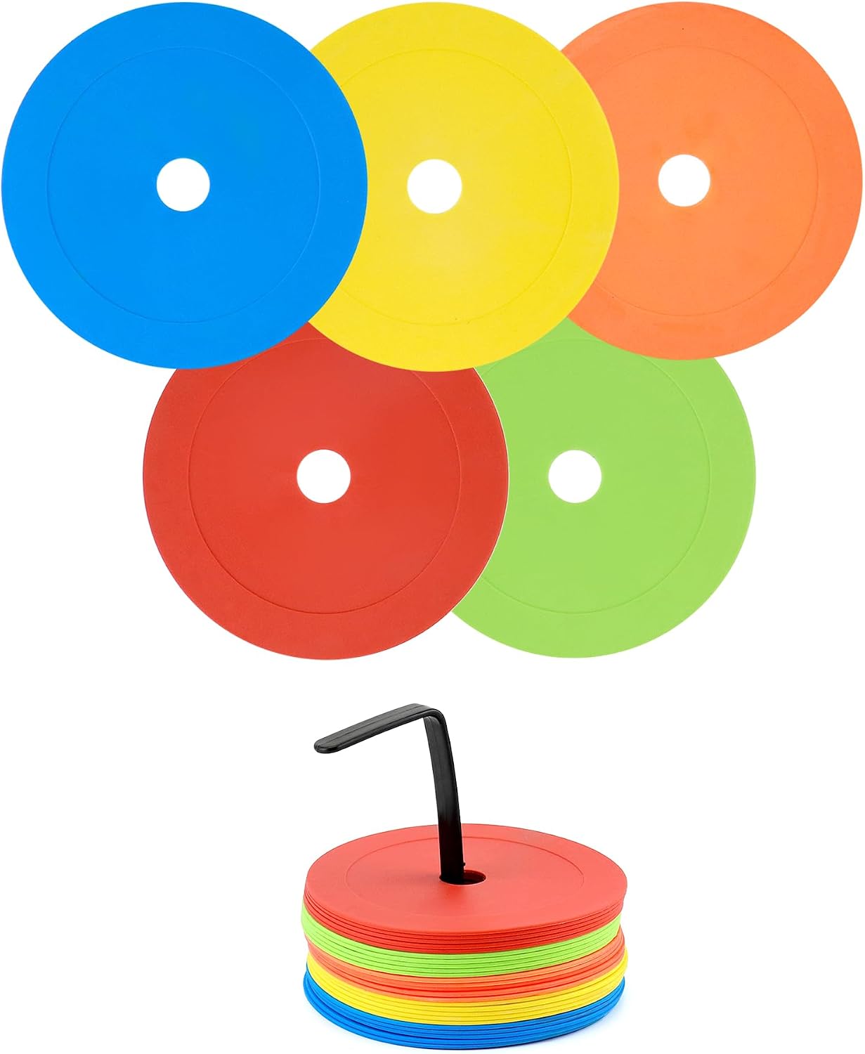 QWORK 25-Pack Flat Cone Spot Markers for Sports Training – 6" Multicolor Non-Skid Agility Dots with Holes, Tear-Resistant Thermoplastic for Baseball, Football, Soccer, Martial Arts, Indoors & Outdoors