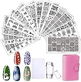 💝 Juego de 15 placas de estampación de uñas para manicura + almohadilla de silicona de doble cabeza + bolsa de almacenamiento rosa