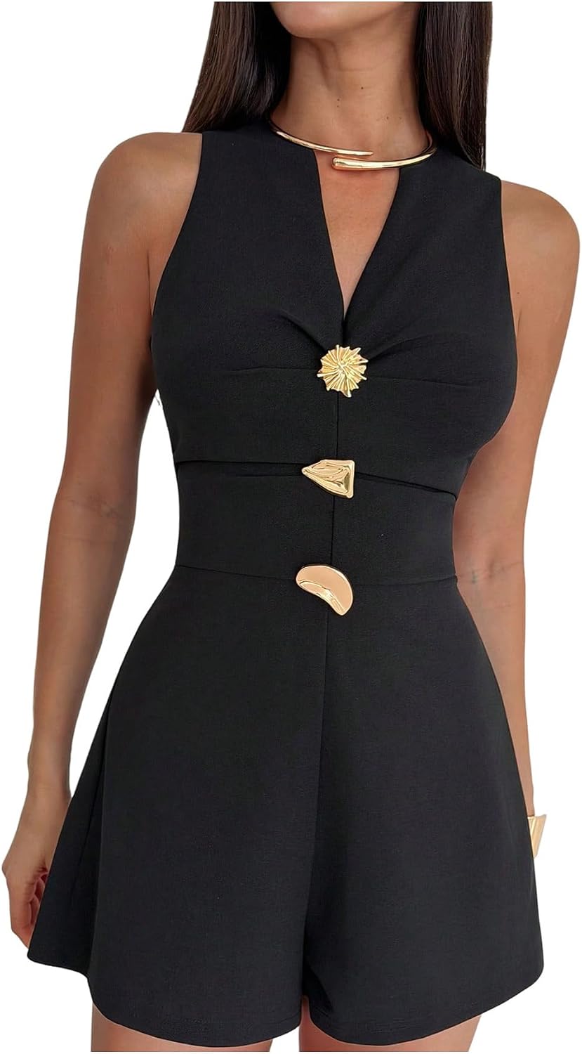 Milumia Women's V Neck Sleeveless Romper Elegant Metal Button Down Wide Leg Short Jumpsuits