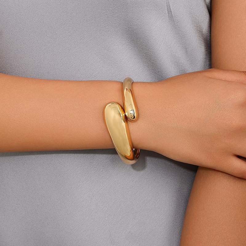 Chunky Gold Cuff Bangle Bracelets for Women - Gold Polished Trendy Twisted Hinged Cuff Open Wide Waterdrop Bangle Chunky Gold Bracelet Minimalist Bangle Jewelry Gift - Image 4