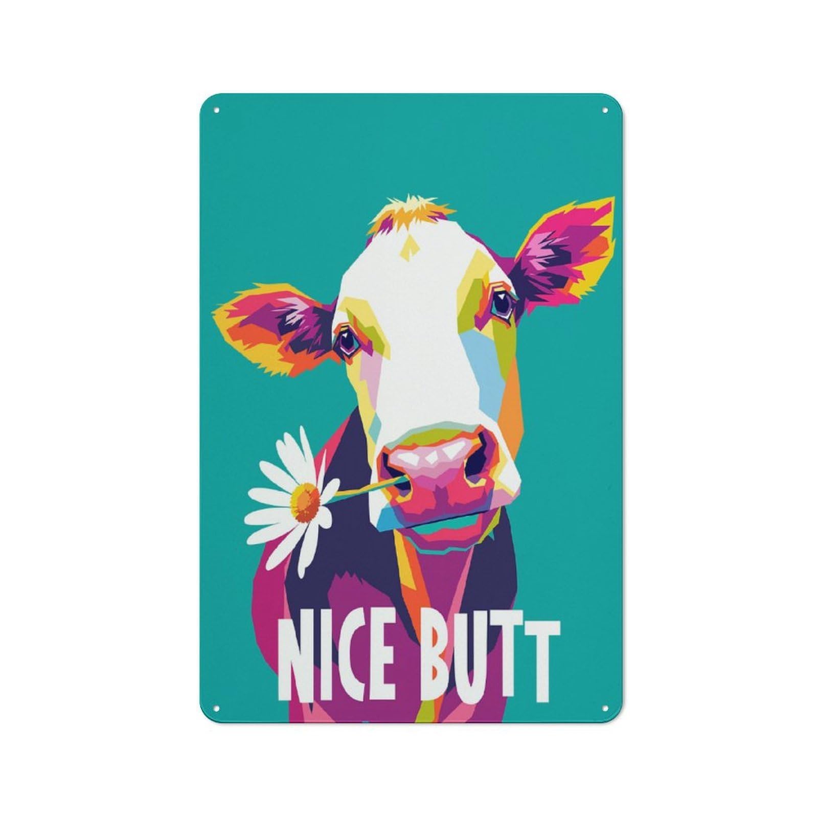 Junmoney Style Tin Wall Plaque 30X20cm With Colorful Cow With Daisy And Text For Bar Or Restaurant, For Hospitality Decor Collectors