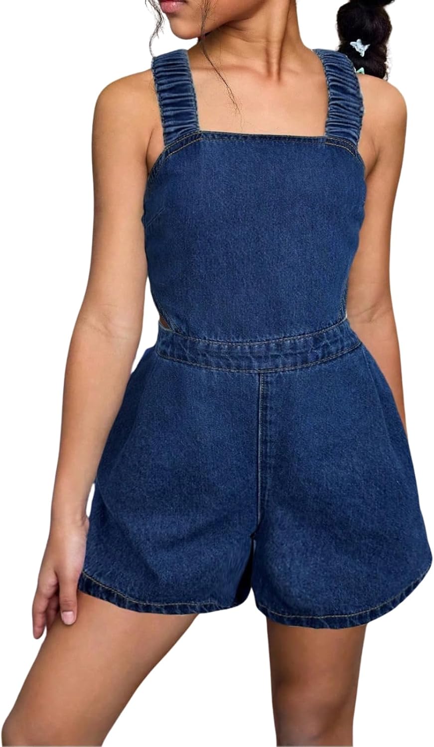 Girls Clothes Summer Jumpsuits Denim Short Sleeveless Bow Cross Straps Side Pockets One Piece Outfits 7-11 Years