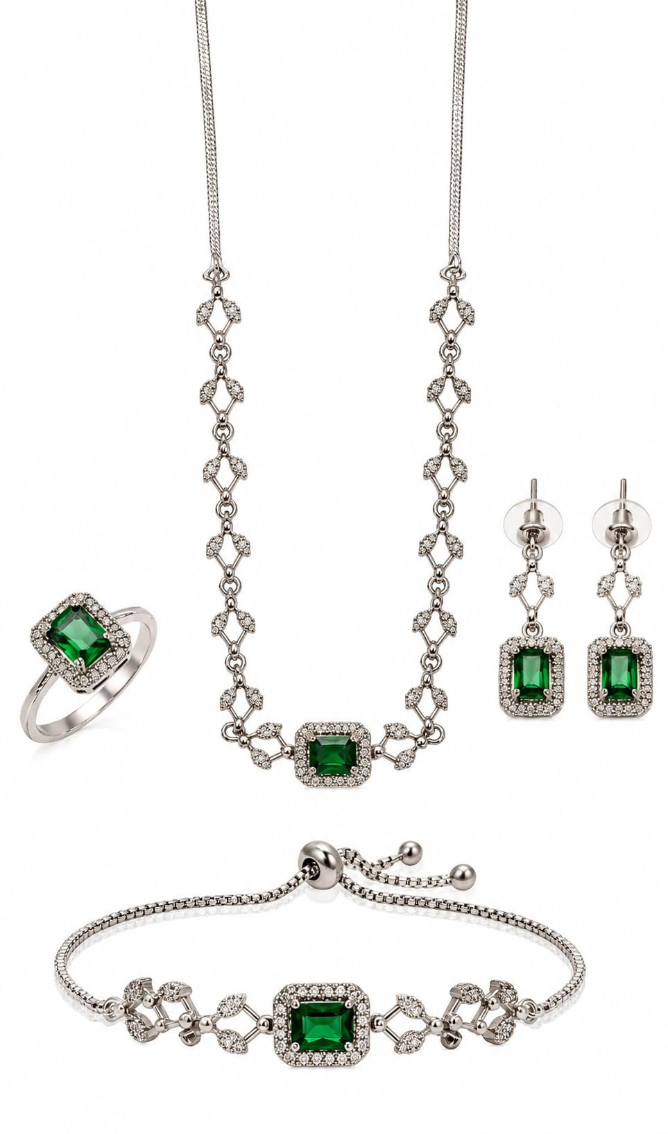 Emerald Green CZ Silver Tone Jewelry Set, Necklace Earrings Bracelet Ring-image-40