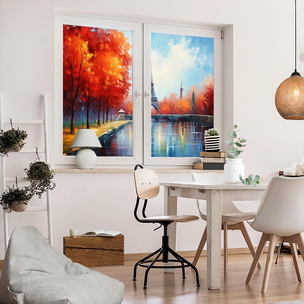 Abstract Iron Tower Stained Glass Window Film Cityscape Colorful City Contemporary Privacy Window Film Glass Door Covering Non-Adhesive Window Stickers for Room Kitchen 23.6Wx35.4L-inch x2 Pcs