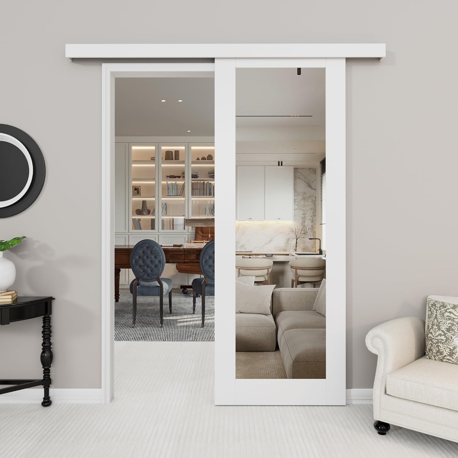 Mirrored Sliding Barn Door 32"x80", White Barn Doors with Hardware Kit, Solid Core Barn Doors, Pre-Assembled Sliding Door with Paintable Surface for Pantry/Bedroom/Bathroom Doors, Easy Install