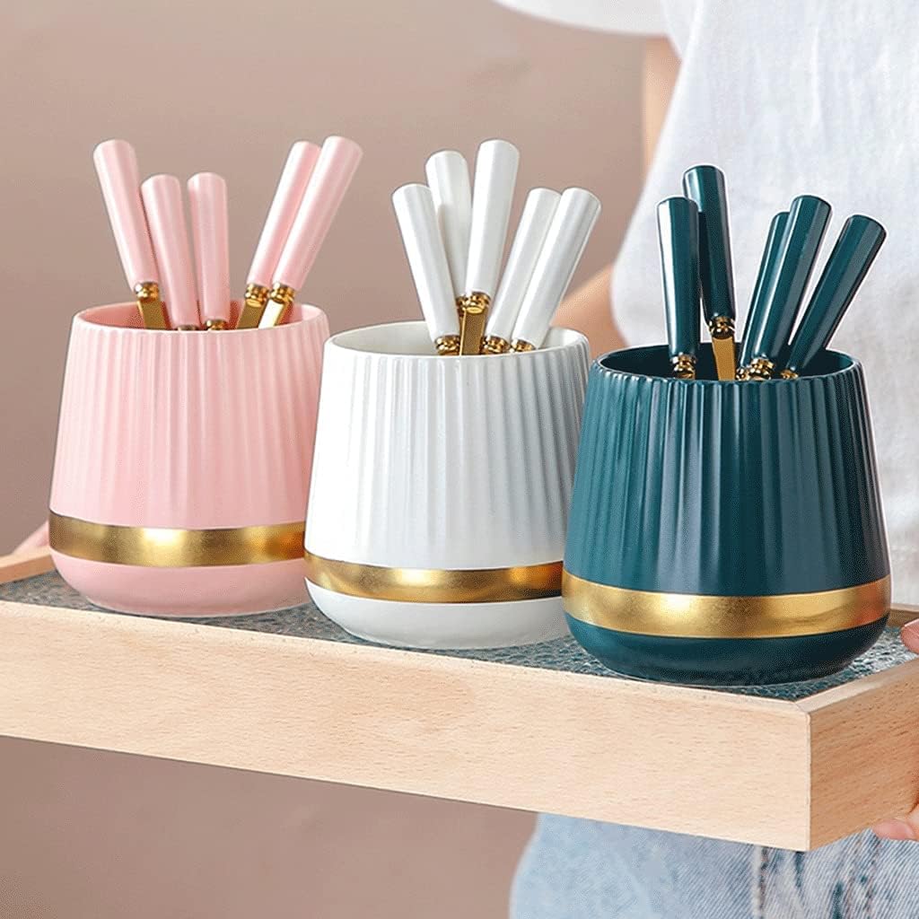 Stainless Steel Fruit Fork Cutlery Set, Household Salad Forks/Dessert Forks with Ceramic Storage Jar Silver Cutlery Decoration