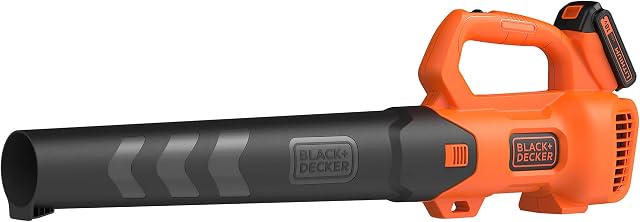 BLACK+DECKER Bezprzewodowa dmuchawa osiowa 18 V, dmuchawa na martwe liście z 2 prędkościami i wbudowaną skrobaczką, prędkość dmuchawy 150 km/h, dostarczana z baterią 2 Ah i ładowarką, BCBL200L-QW
