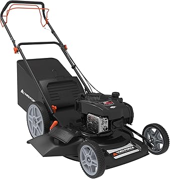 Yard Force Self Propelled Lawn Mower Briggs & Stratton 150cc Gas Engine 22-inch Steel Deck 3-in-1 Mulch, Bag, Side Discharge, 12-inch High Rear Wheels