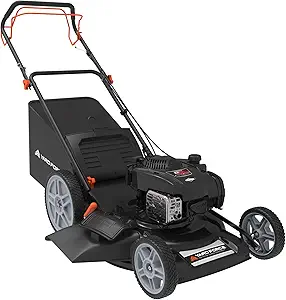 Yard Force Self Propelled Lawn Mower Briggs & Stratton 150cc Gas Engine 22-inch Steel Deck 3-in-1 Mulch, Bag, Side Discharge, 12-inch High Rear Wheels