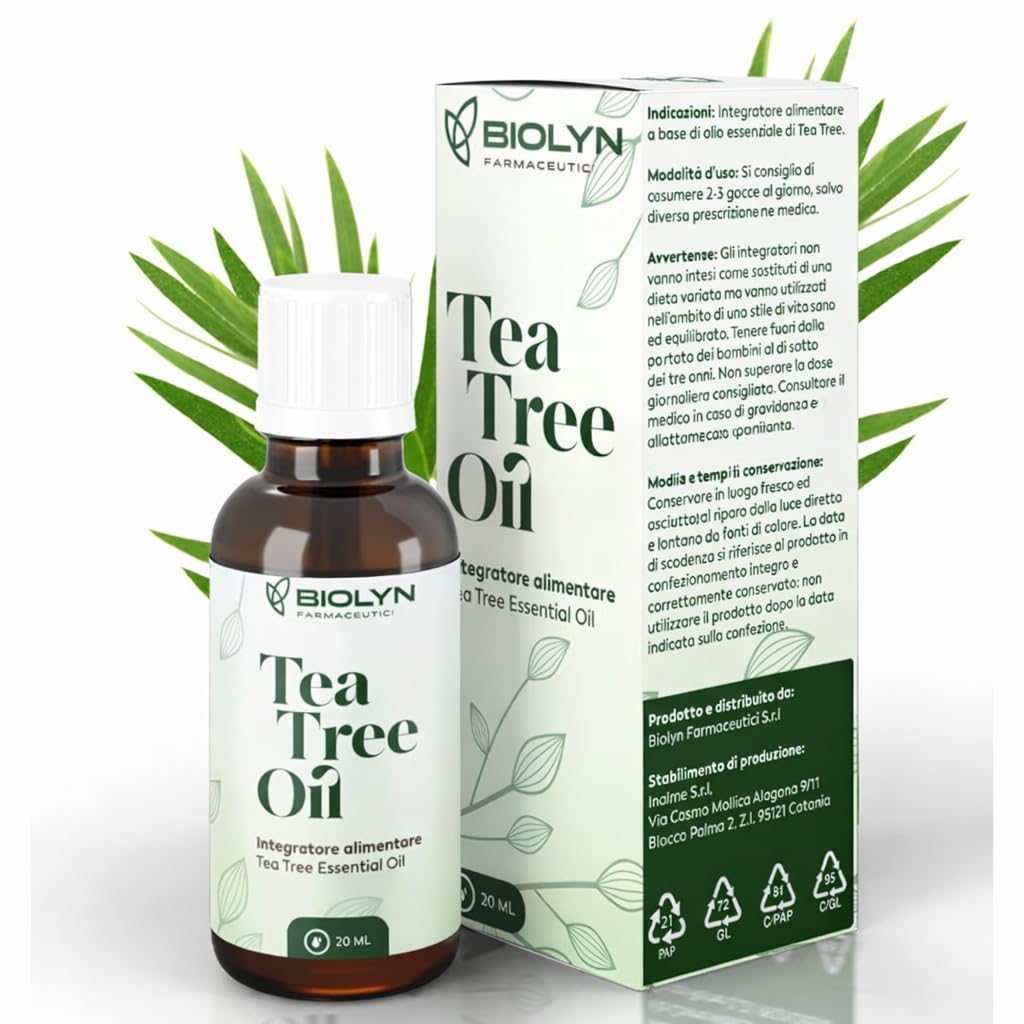 BIOLYN Tea Tree Oil 20ml – Olio Essenziale Puro di Melaleuca – Naturale al 100% – Ideale per Pelle, Capelli e Aromaterapia – Made in Italy – Qualità Farmaceutica