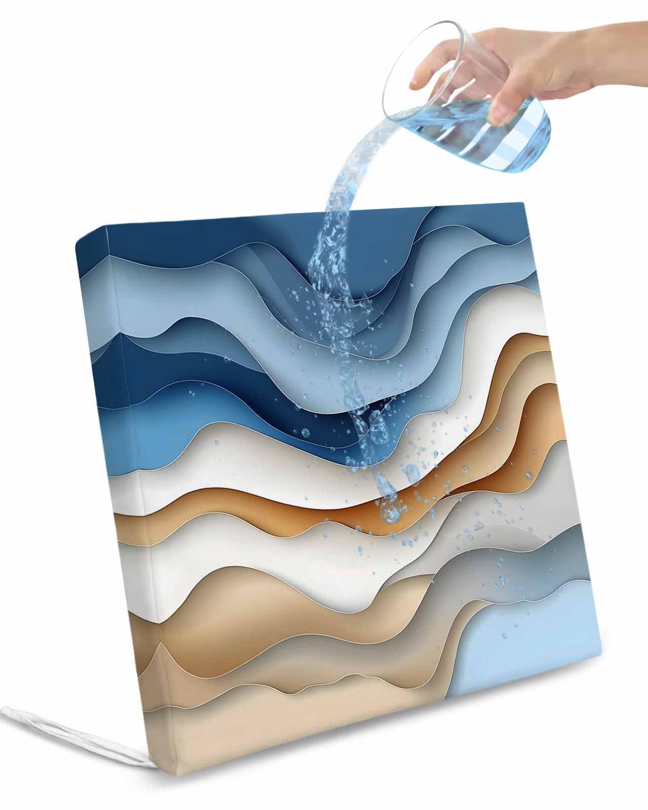 2 Pack Blue Beige Moire Waterproof Cushion Covers with Ties, Outdoor Patio Chaise Lounge Chair Seat Cushion Slip Covers Replacement(Only Cover) Modern Abstract Art 24