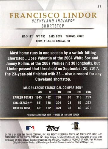 Miniatura 2 de 2018 Topps Gold Label Class 2#38 Francisco Lindor NM-MT Cleveland Indians Baseball Trading Card