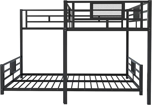 KLMM Elegant L-Shaped Metal Bunk Bed, Twin Over Full Size Bunk Bed with Ladders and Guardrails for Kids Teens Adults (Black#l)