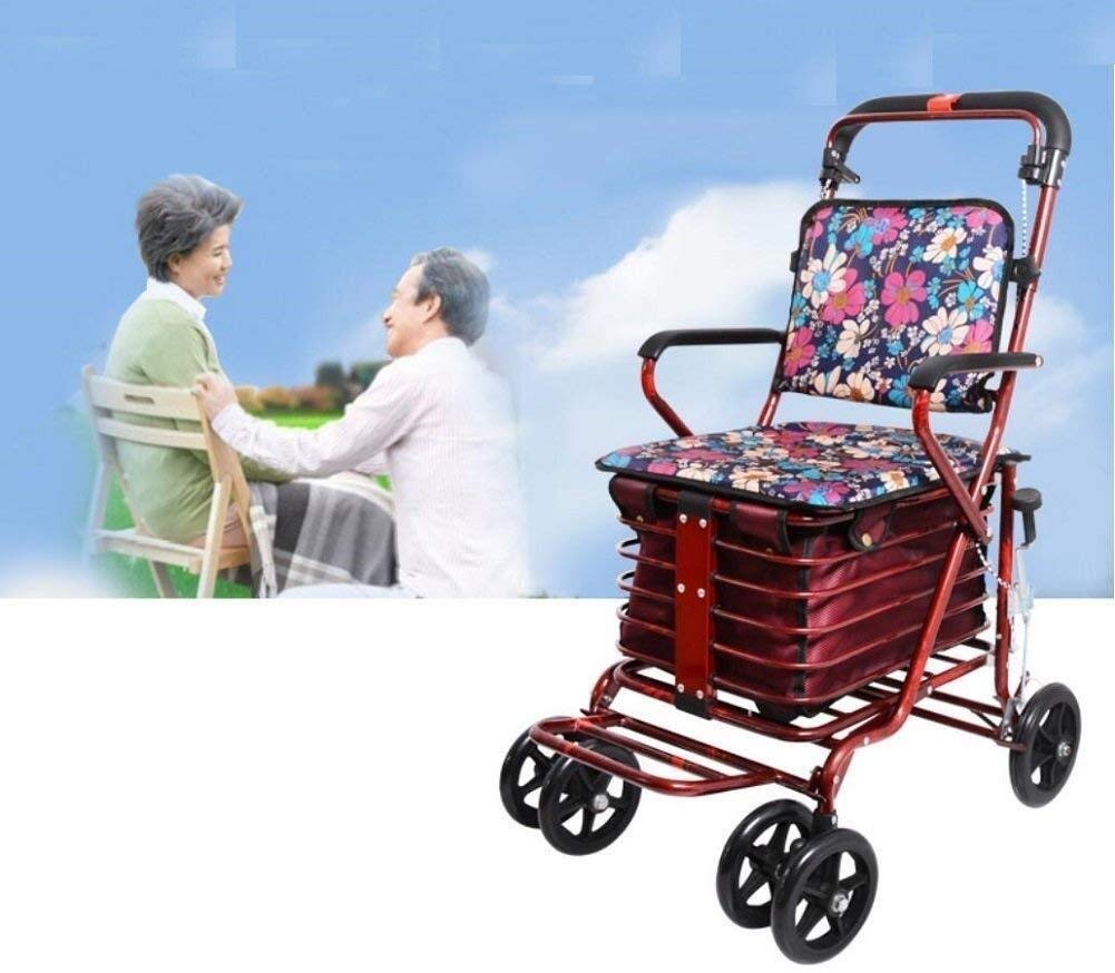 WolFum czerwony składany czterokołowy Rollator wózek na zakupy mały wózek stary wózek może pchać może siedzieć Starszy składany chodzik na zakupy skuter podwójny komfort