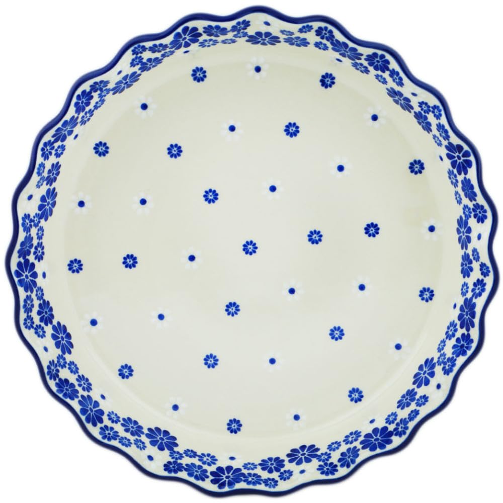 Authentic Polish Pottery Fluted Pie Dish in Cobalt Lace Design Handmade in Boles?awiec Poland by Ceramika Artystyczna + Certificate of Authenticity