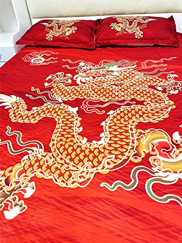 Topbdhomes 3 Pieces Oriental Chinese Traditional Dragon Duvet Cover Set King Size Red Color Bedding Sheets Kids Adult Bed Linen Zipper, Not Comforter Set (Bd245, King 3Pcs) #TOP6