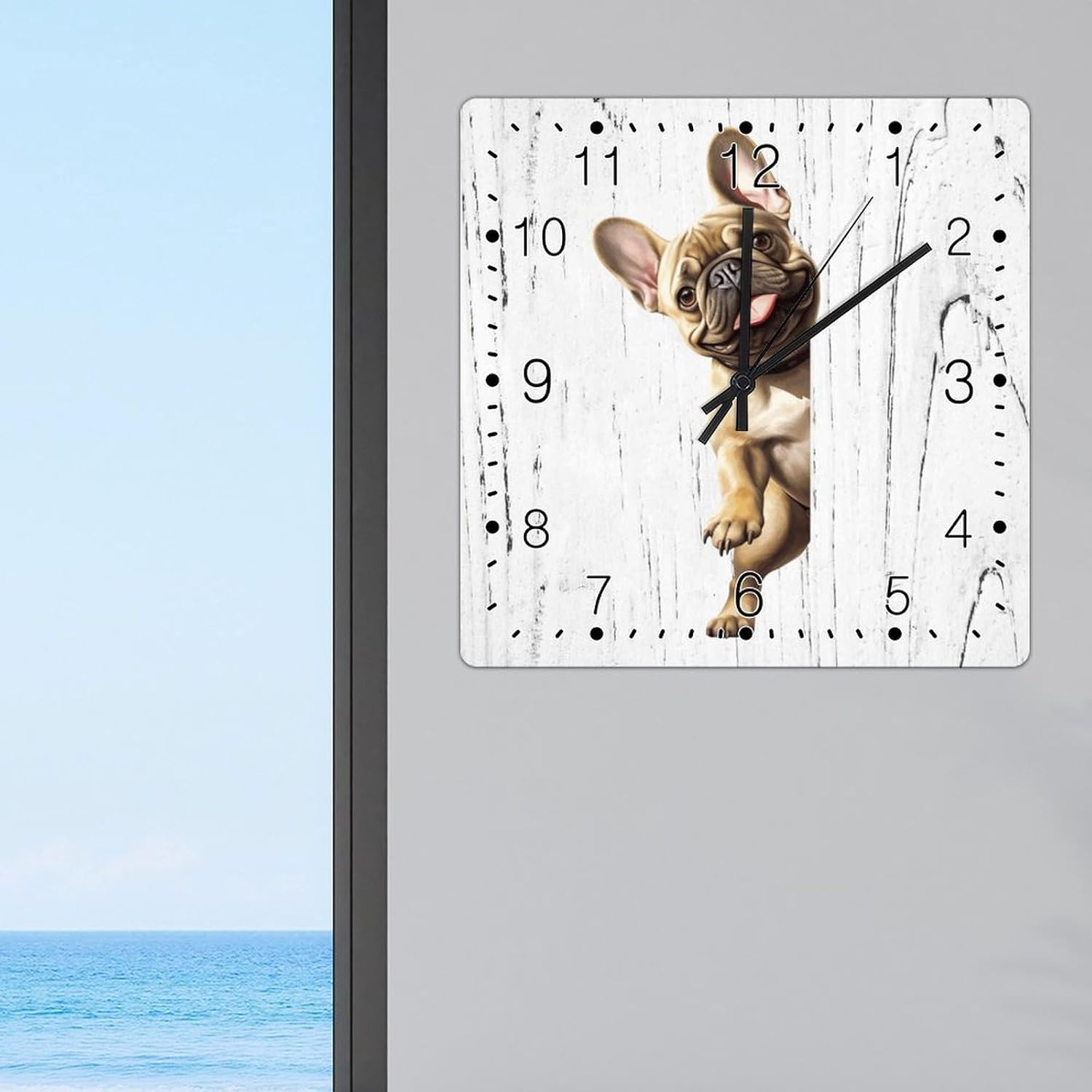 Bulldog Wooden Wall Clock Bulldog Dog Peeking ASquare Corner Clock Battery Operated Silent Wood Clocks Dog Owner Gift Wooden Clock for Dinning Living Room 12x12in
