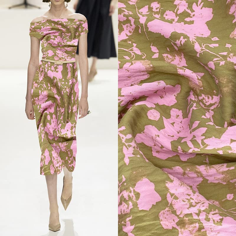 Pink Green Floral Print 50% Lyocell&50% Cotton Fabric by The Yard 57 Inch Wide for Wedding Dress&Shirt&Cheongsam Fabric&Scarf&DIY Crafts