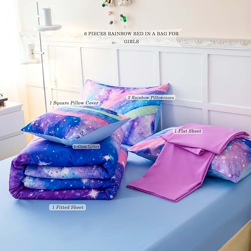 Miniatura 2 de ANGIYUIN Juego de edredón de teñido anudado para niñas, tamaño individual, 6 piezas de ropa de cama de arcoíris colorido en una bolsa, juegos de