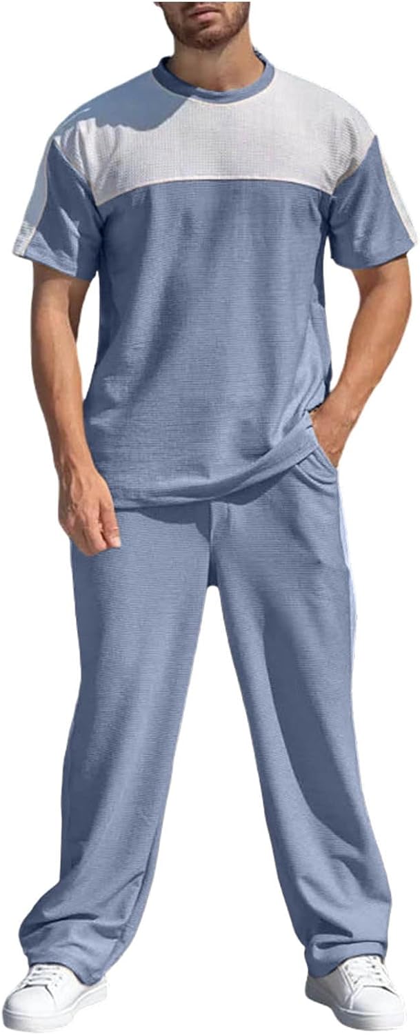 Cambkatl Men's Waffle Lounge Tracksuits - Loose Crewneck Athletic Casual Short Sleeve T-Shirt 2 Piece Jogging Sweatsuits